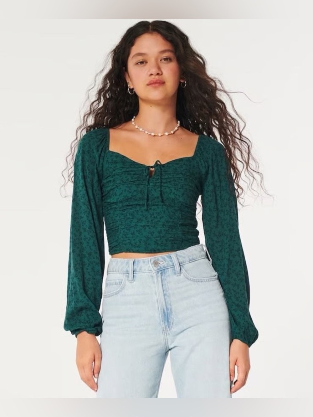 Hollister Teal XS Boho Ruched Long Sleeve Crop Top Whimsical Elegant Fairycore